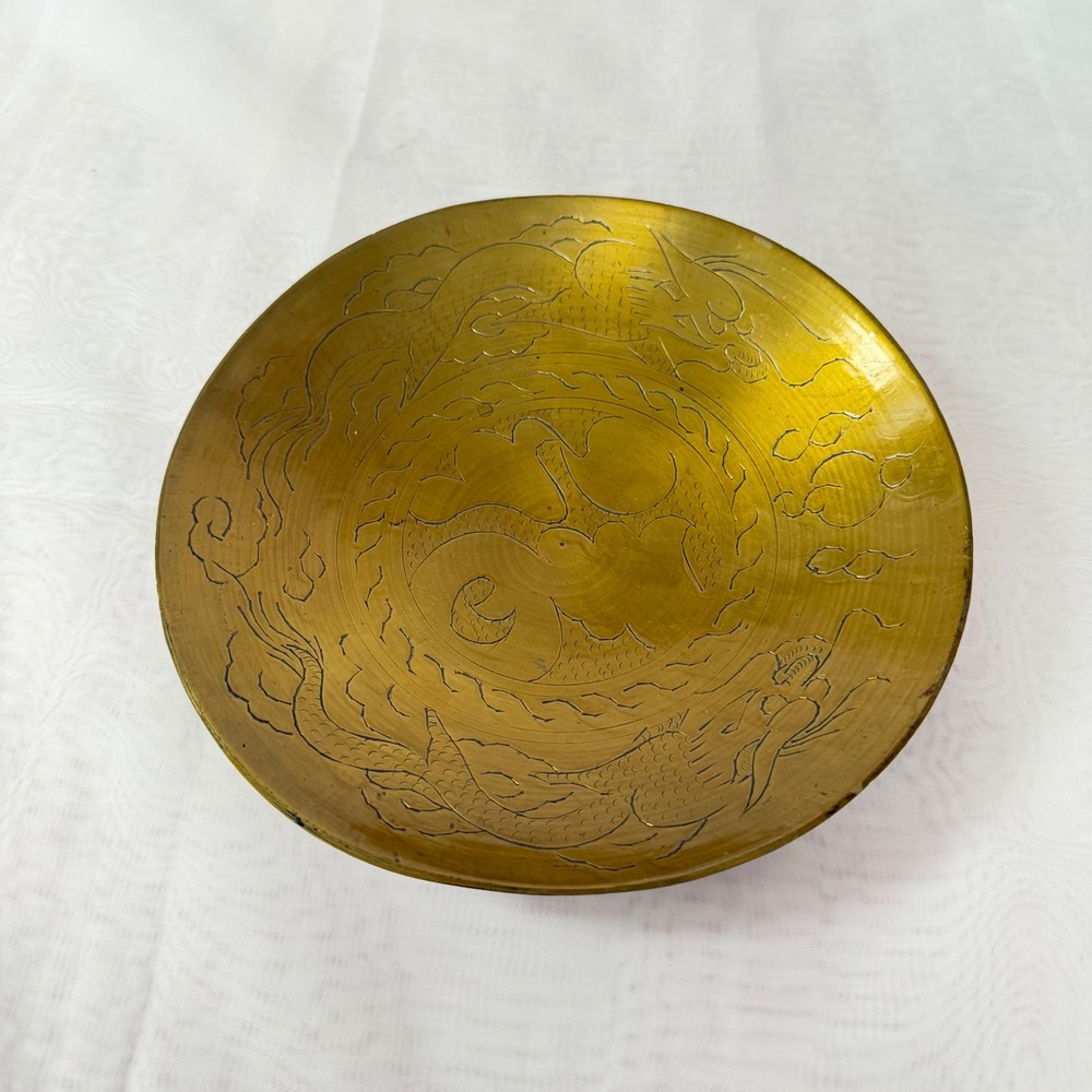 Vintage Etched Brass Dragon Bowl Yin Yang Symbol Made in China Decorative Gold